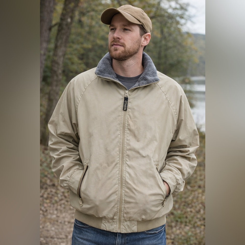 RedHEAD Fleece Lined Men's Beige Bomber Jacket Gray Collar Windbreaker Hunting